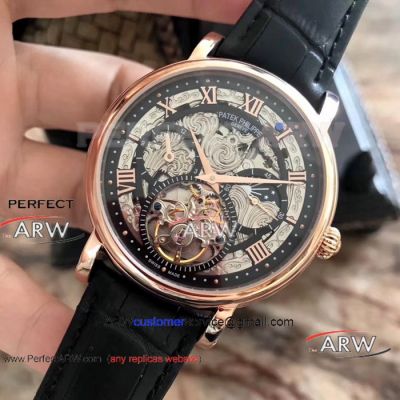 Perfect Replica Patek Philippe Skeleton Rose Gold Watch Black Leather Strap